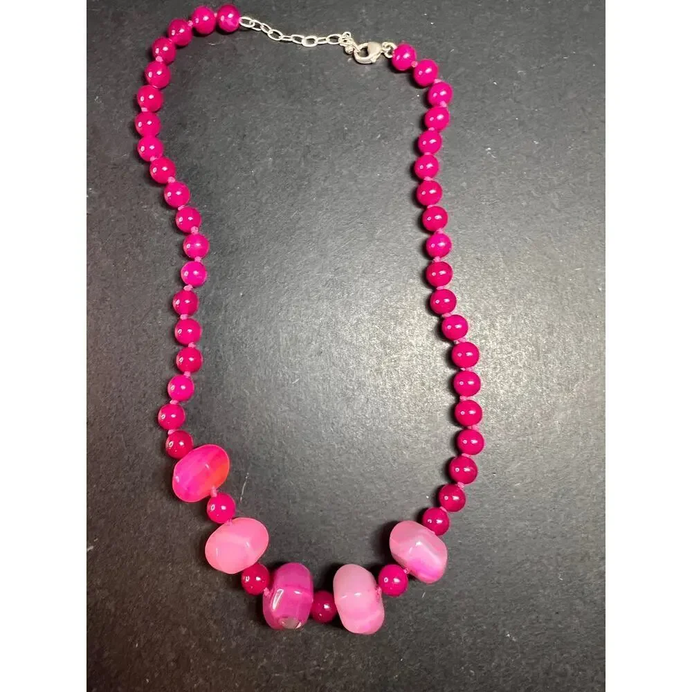 NEW Fuchsia pink dyed agate beaded necklace with sterling silver clasp